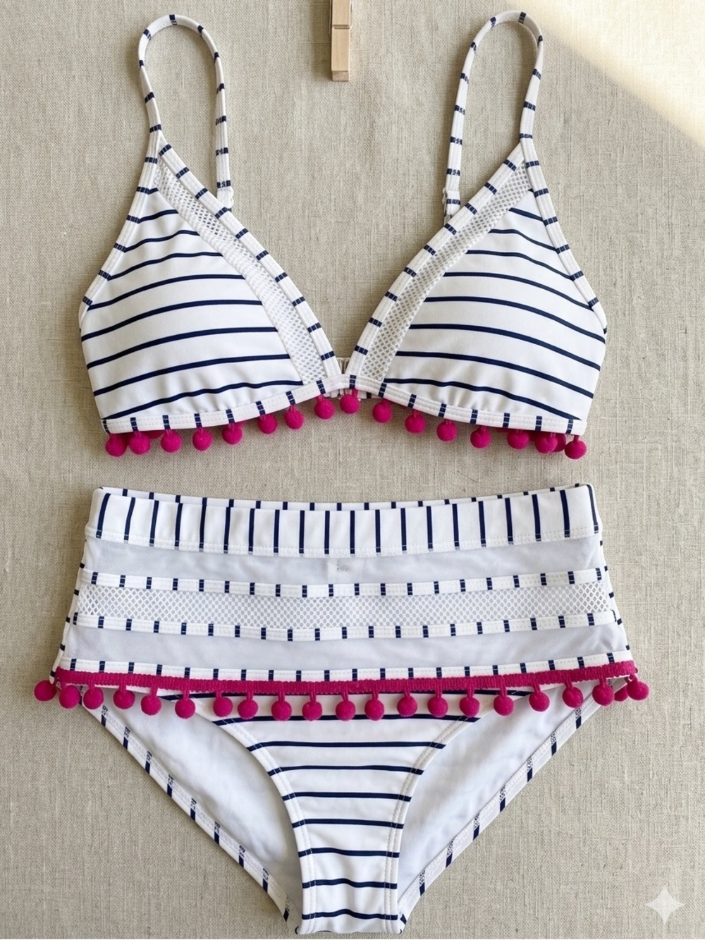 Striped Bikini Set with Pink Pom-Pom Trim